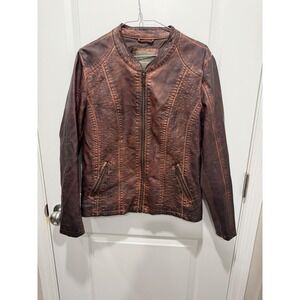 Maurices Womens Moto Jacket Distressed Faux Leather Brown Large